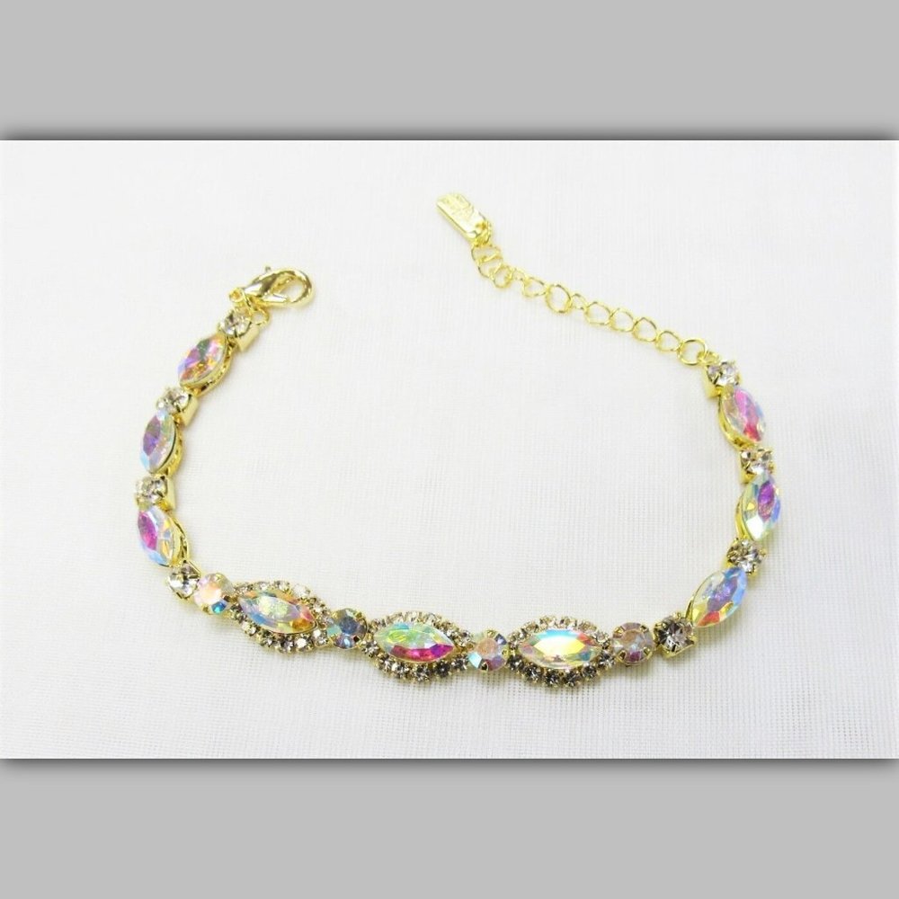 Gold Sparkle Iridescent & Clear Rhinestone Crystal Bracelet Bridal Party Wedding